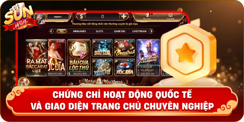 Chứng chỉ hoạt động quốc tế và giao diện trang chủ chuyên nghiệp.